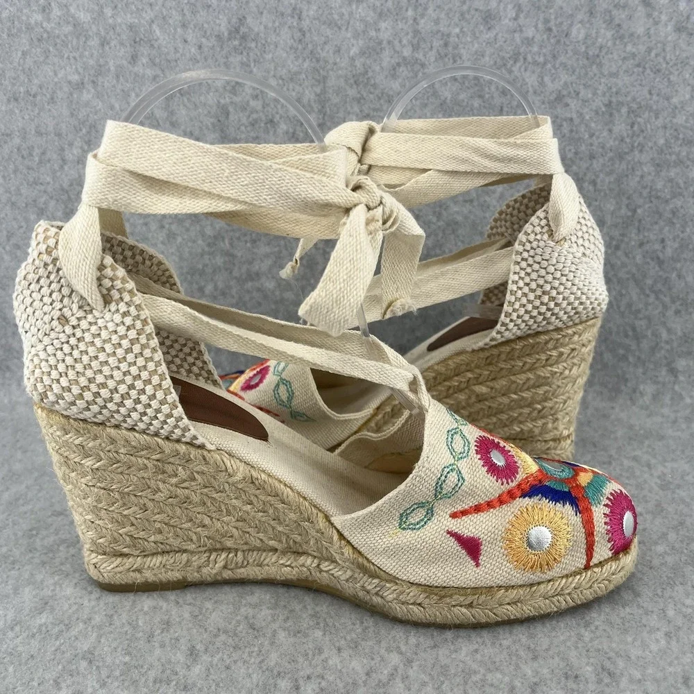 Andre Assous Espadrille Sandals Womens 6.5 Wedge Embroidered Ankle Tie‎ Summer